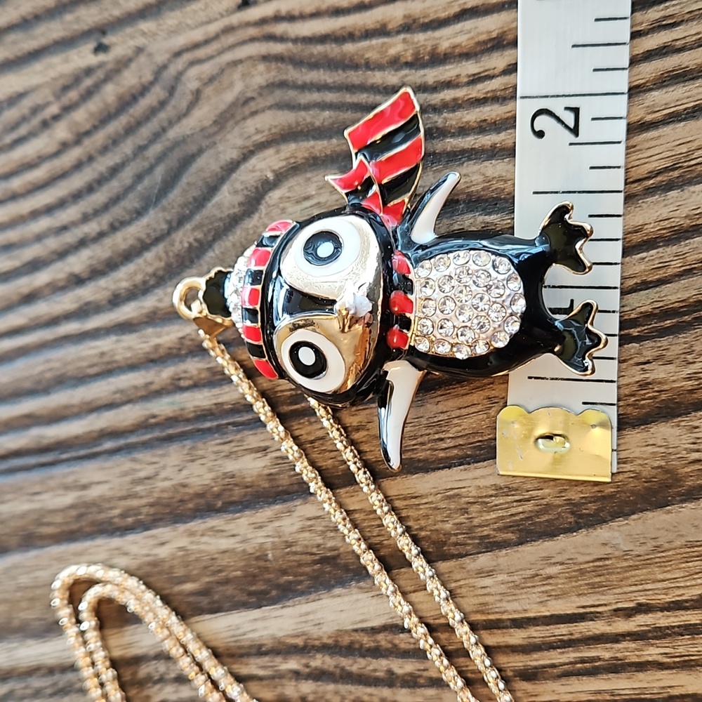 ⛱️Betsey Johnson Rhinestone Penguin Necklace in Black, Red, Gold - Picture 7 of 9